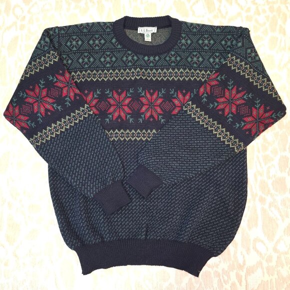 LL Bean Norwegian Snowflake Wool Sweater Ireland Navy W/ Red Green Size Large - Picture 1 of 6